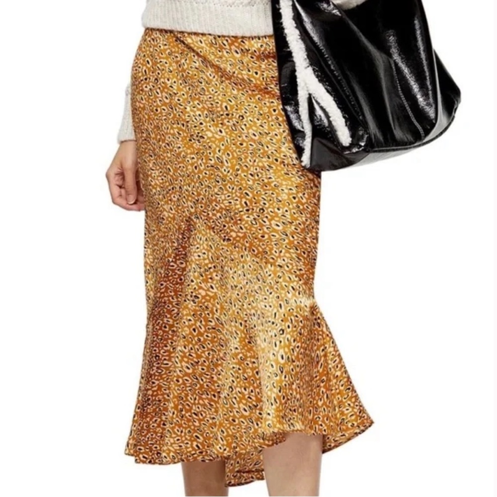 Topshop Midi Skirt Women size 12 (UK16) Mustard Yellow Cheetah Peplum Pencil